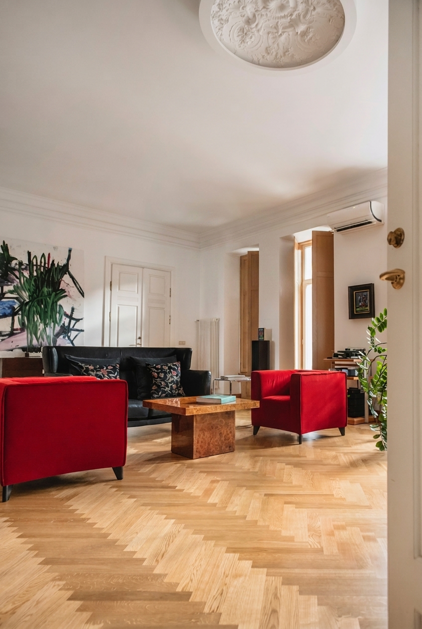 Elegantiškas svetainės interjeras su raudonais aksominiais foteliais, juoda sofa ir parketo grindimis