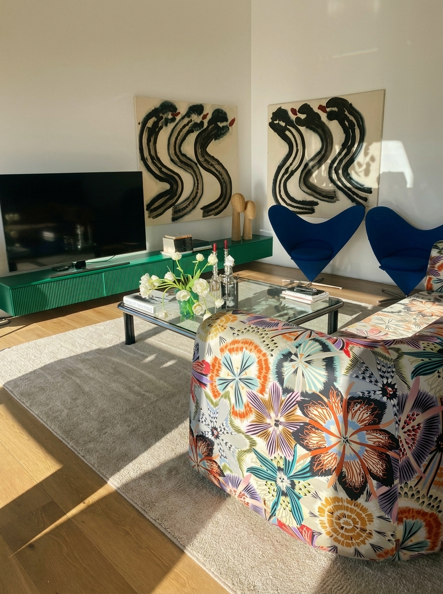 Svetainė su gėlėto rašto sofa, mėlynomis kėdėmis ir žalia komoda