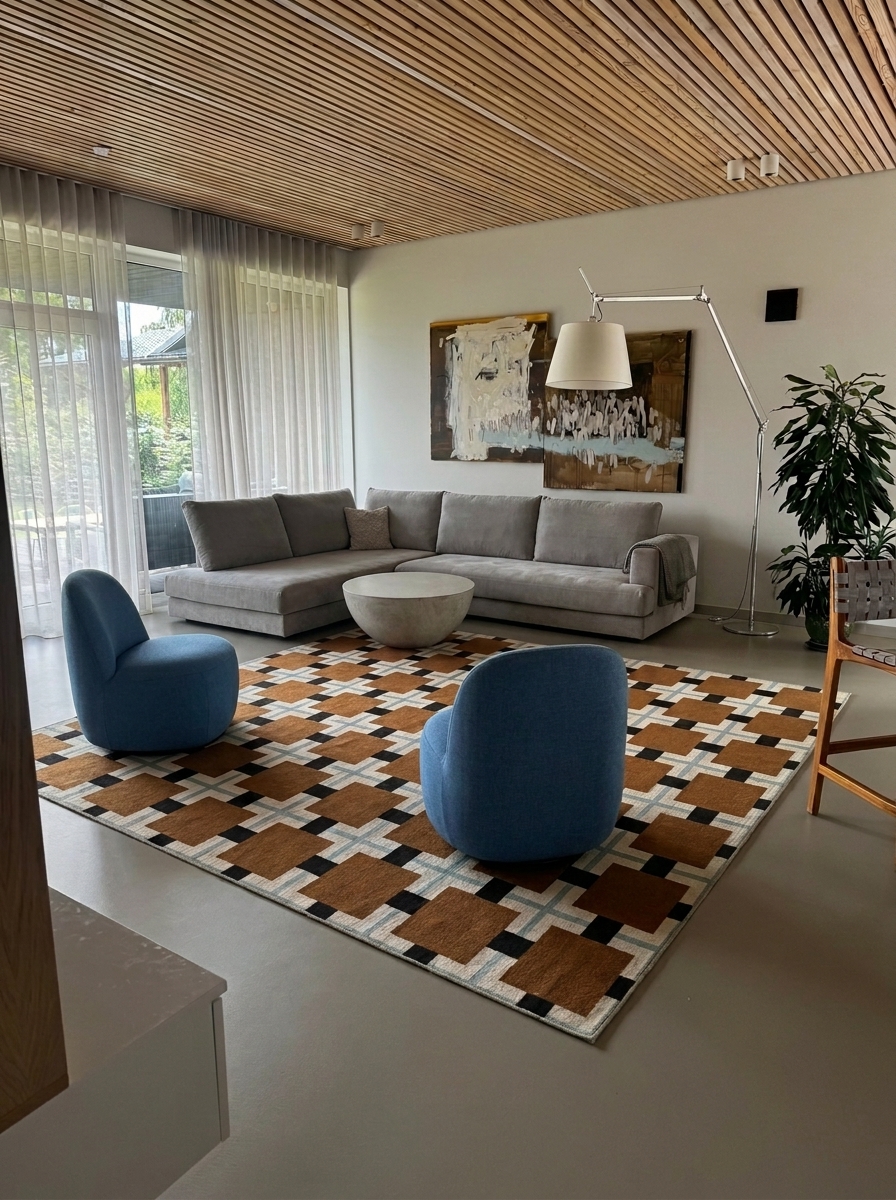 Gėlėto rašto sofa prie žalios lakuotos sienos su spalvinga abstrakcija
